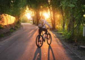woman riding a bicycle on the road at sunset